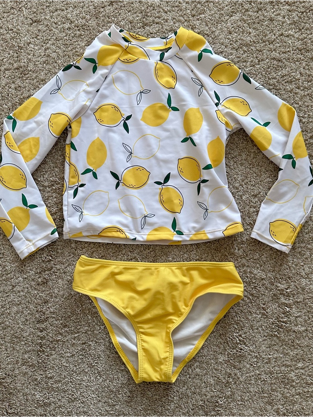 Girls' Yellow Lemon Print Long Sleeve Rash-guard Bikini Set Swimsuit